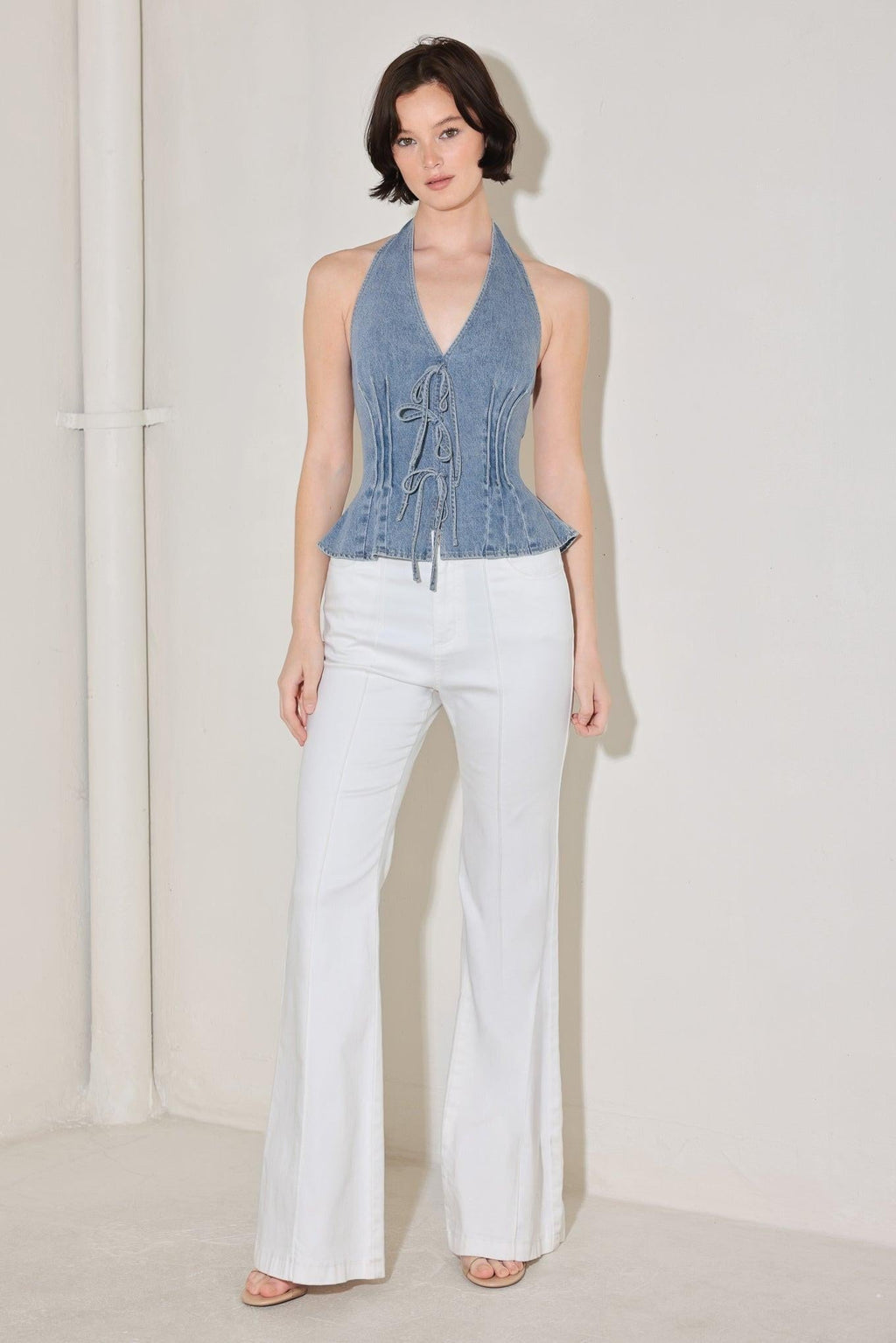 RETRO RISE HALTER DENIM TOP Flying Tomato