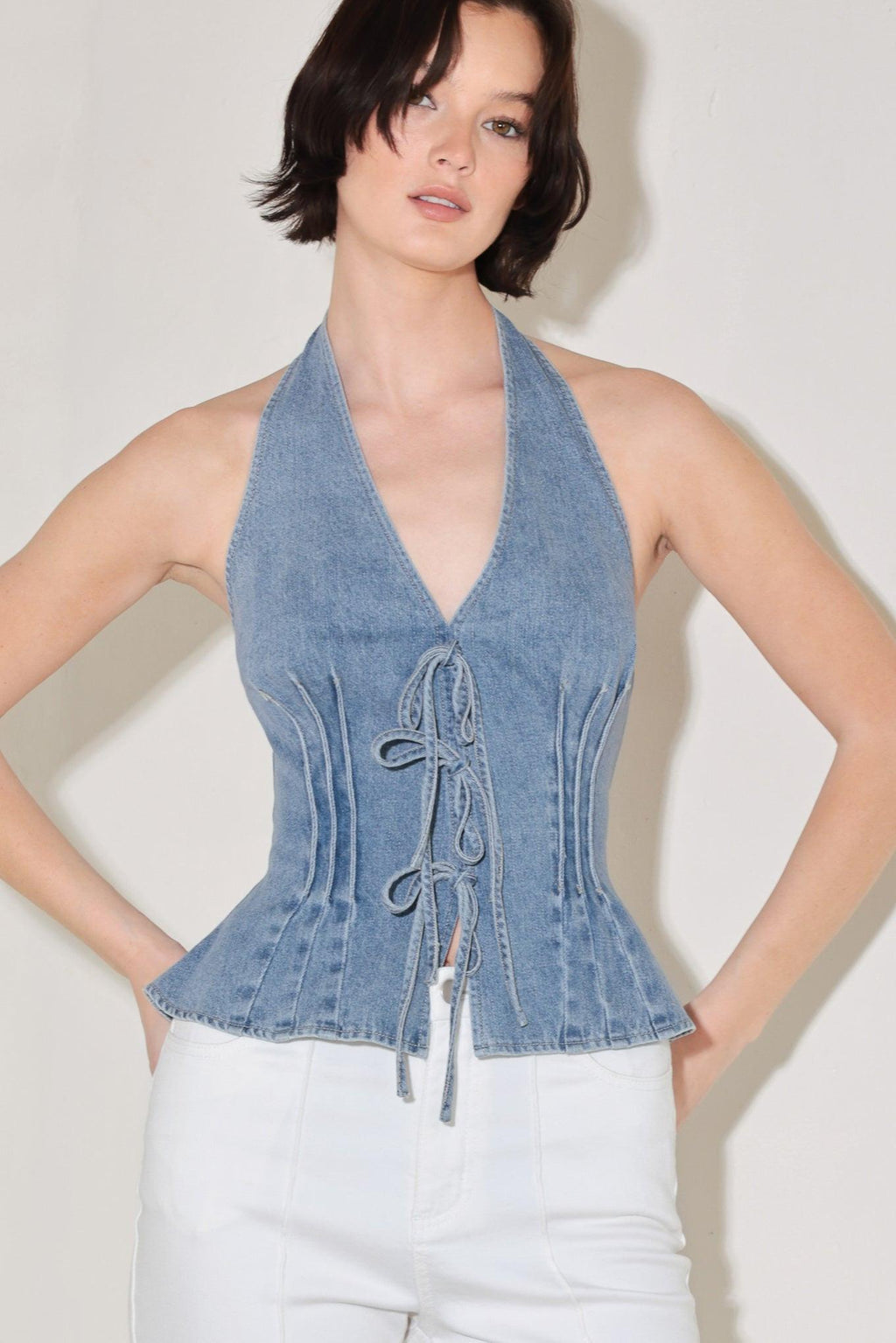 RETRO RISE HALTER DENIM TOP Flying Tomato