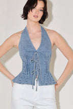 RETRO RISE HALTER DENIM TOP Flying Tomato