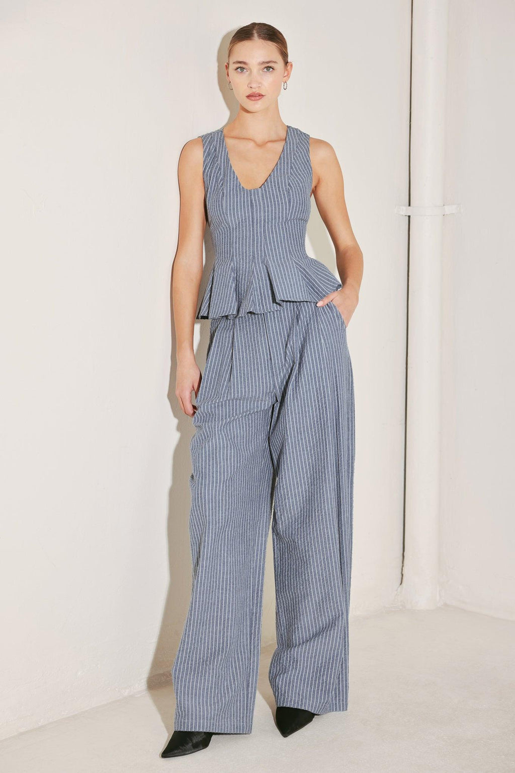 MARINA PINSTRIPE WOVEN TOP Flying Tomato