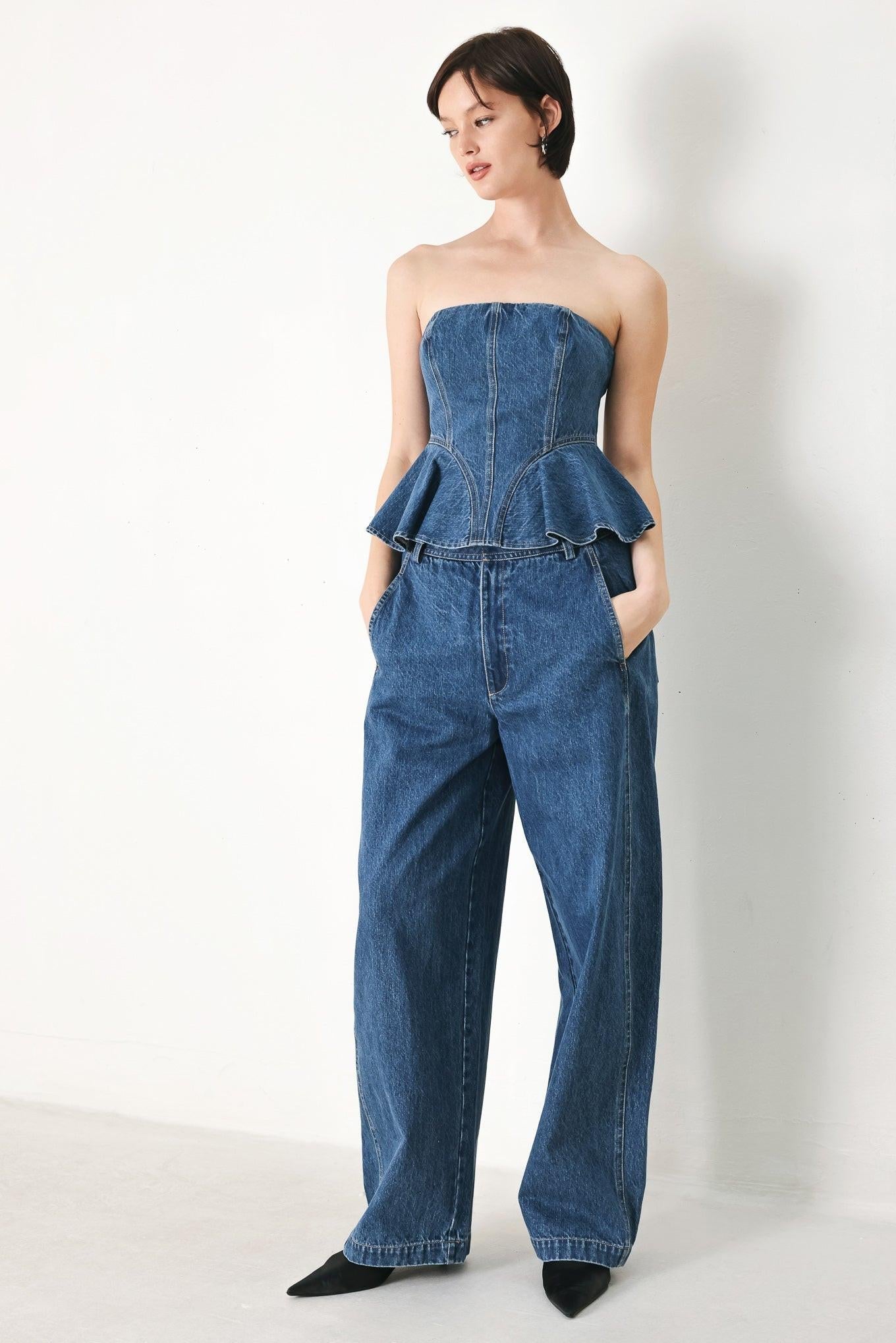 BLUE BLOSSOM BUSTIER DENIM TOP Flying Tomato