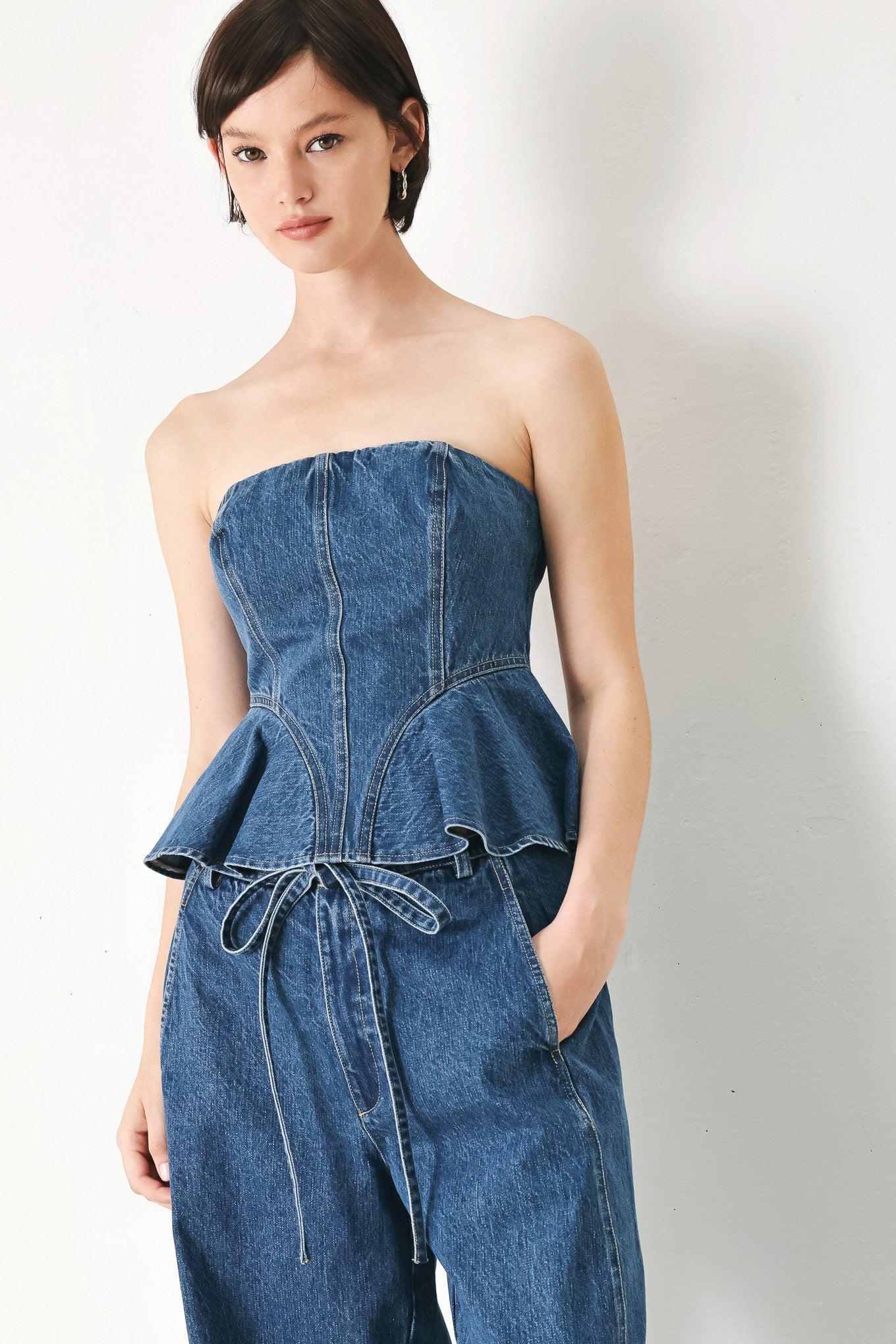 BLUE BLOSSOM BUSTIER DENIM TOP Flying Tomato