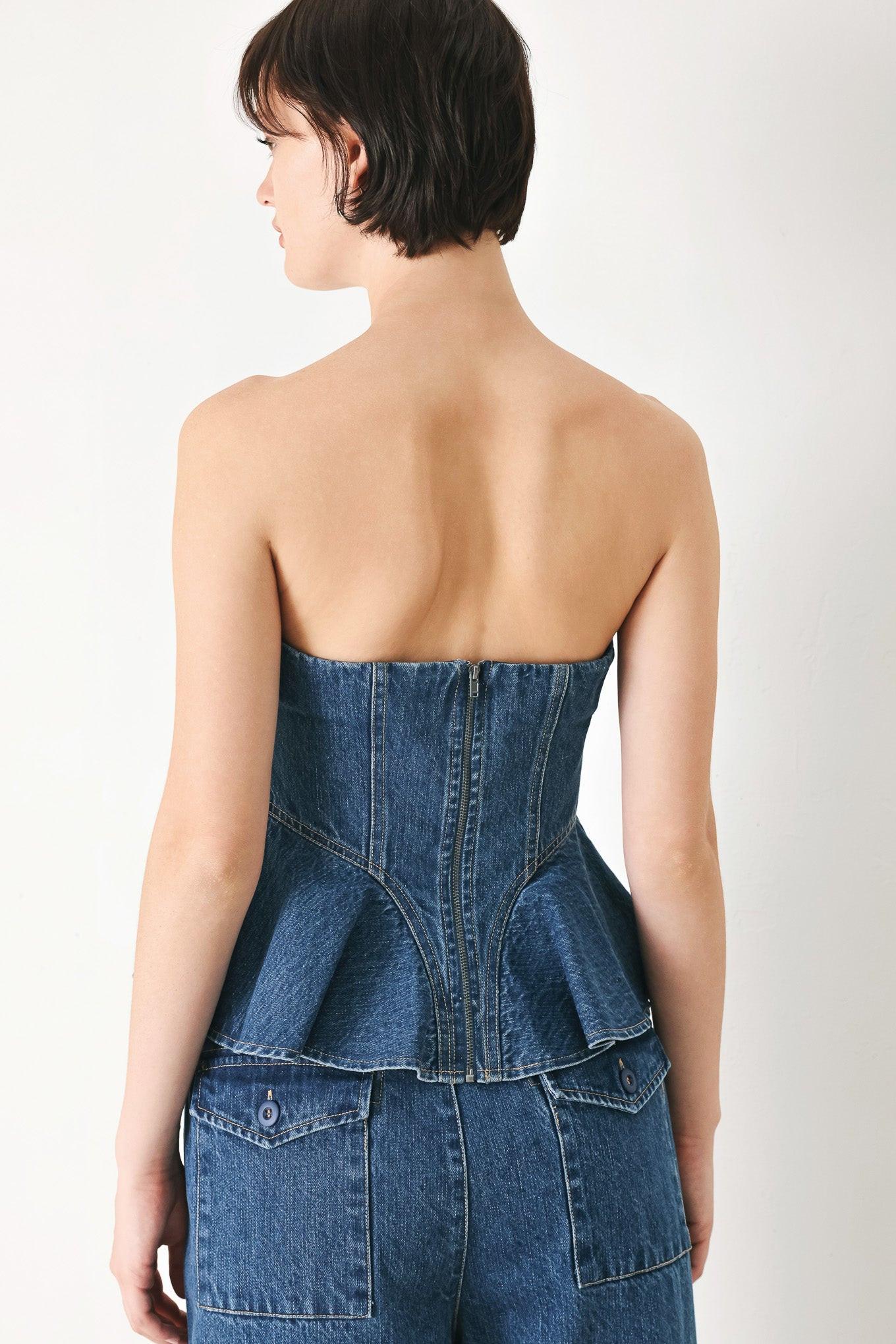 BLUE BLOSSOM BUSTIER DENIM TOP Flying Tomato