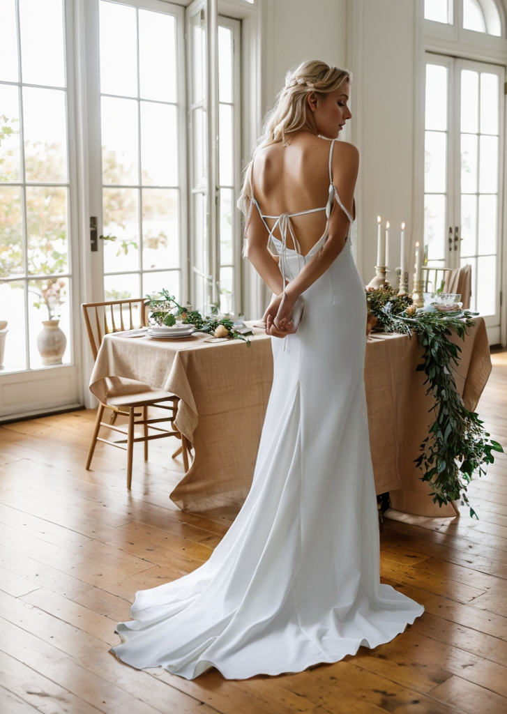 Goddess tie back Spaghetti-straps Mermaid satin wedding dress small train SelenaHuanStudio