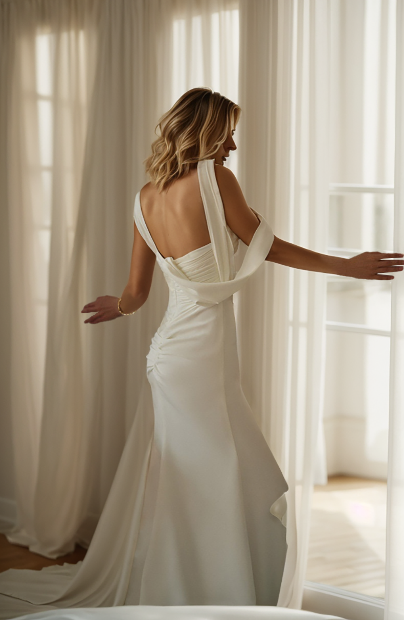 Greece Goddess pleated bodice wide strap fit and flare Satin wedding dress thigh slit little white dress SelenaHuanStudio
