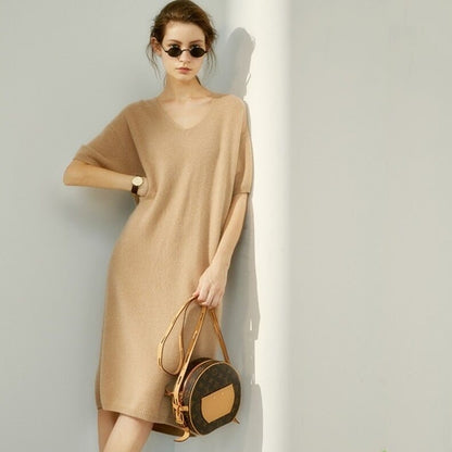 European and American trend V-neck high-grade cashmere sweater women's short-sleeved wild loose long knitted jumper wool dress
