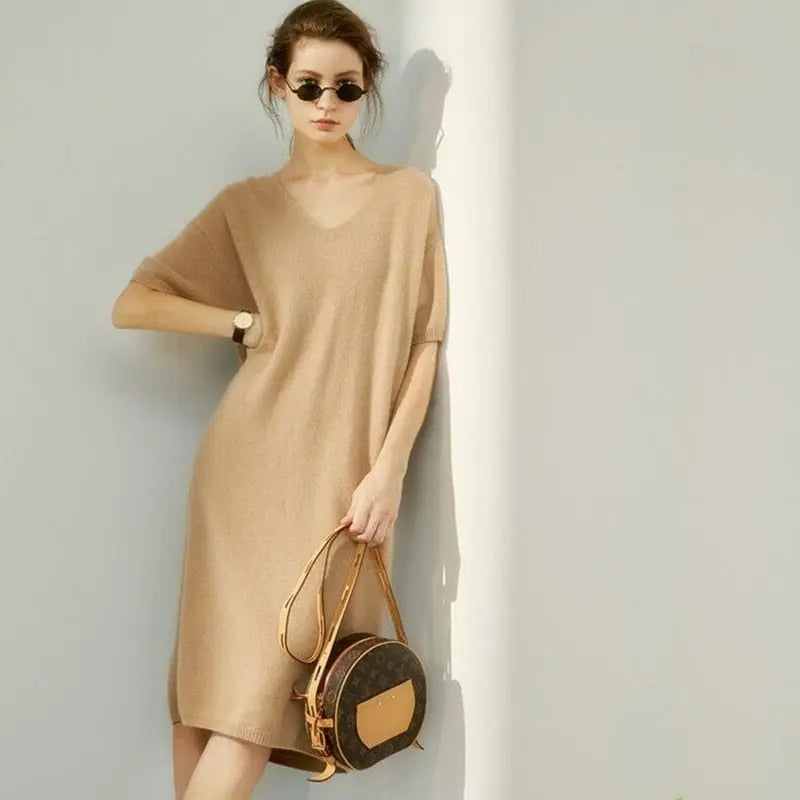 European and American trend V-neck high-grade cashmere sweater women's short-sleeved wild loose long knitted jumper wool dress - LUXLIFE BRANDS