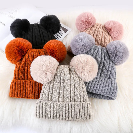 New Warm Knitted Women's Hat Striped Winter Hats For Men Double Fur Pompom Wool Beanies Thick Skullies Cap faux Pompom Hat Femme LUXLIFE BRANDS