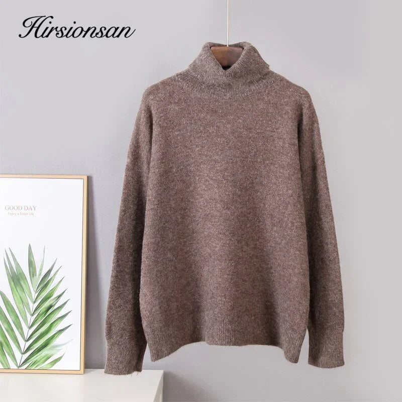 Hirsionsan turtle Neck Solid Cashmere Sweater Women Elegant Soft Warm Female Knitted Pullovers Basic Loose female Jumper LUXLIFE BRANDS