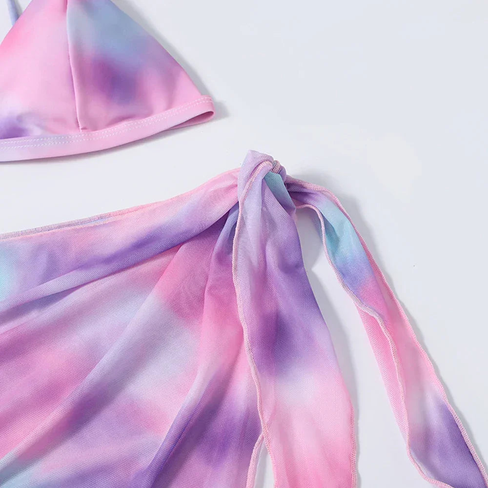 2025 New Sexy Three Pieces Bikini Set Tie-Dye Swimwear Women Swimsuit Female Bikini With Sarong Bathing Suit Beachwear Swim Lady