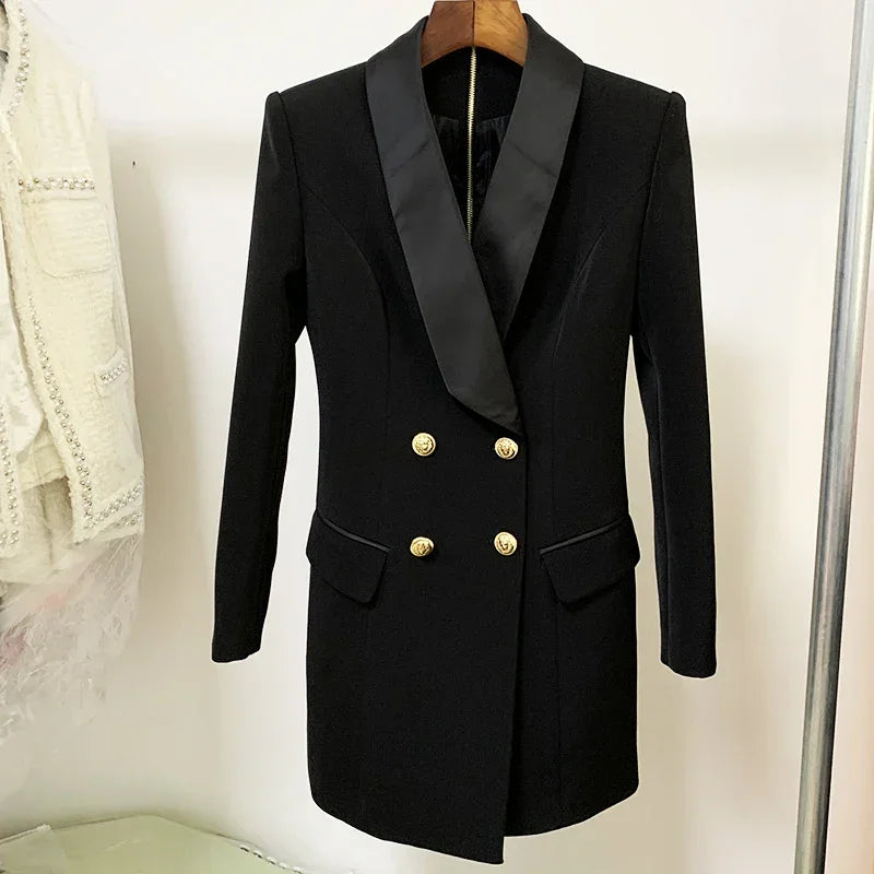 Designer Satin Notched Collar Blazer Dress With Metal Buttons
