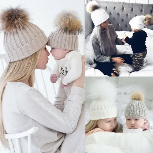 Winter Knit Mother & Child Beanie Pom Hat LUXLIFE BRANDS