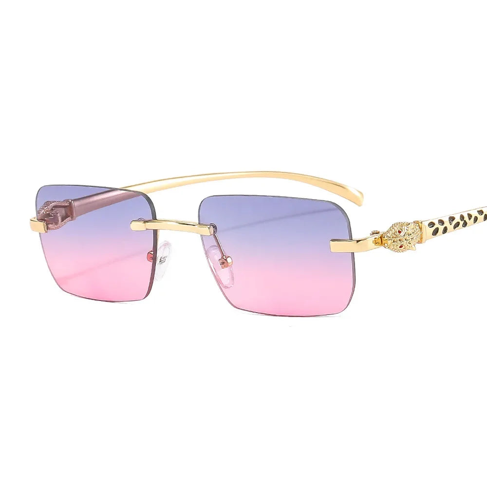 Vintage Fashion Rimless Small Square Sunglasses Women Men Luxury Brand Designer Travel Driving Metal Leopard Head Sun Glasses Luxlife Brands