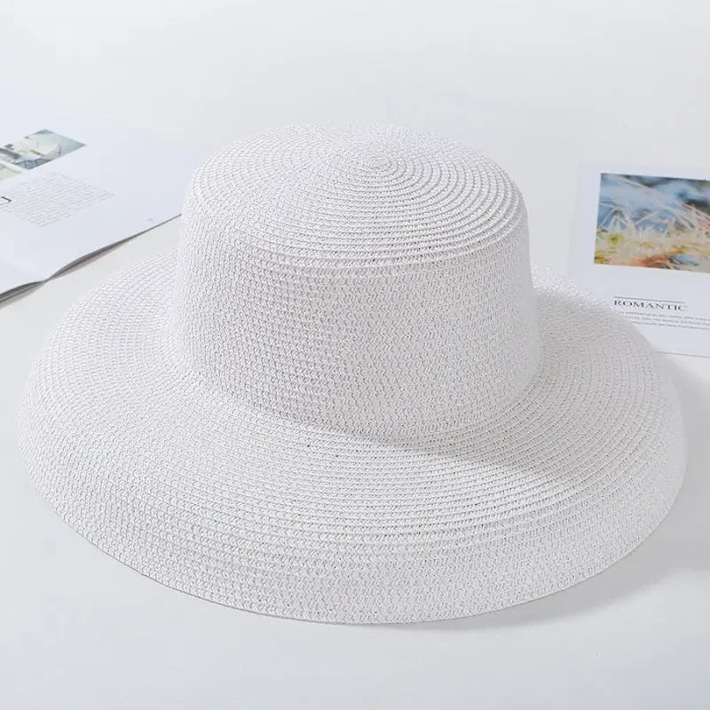 HT2303 2023 New Summer Sun Hats Ladies Solid Plain Elegant Wide Brim Hat Female Round Top Panama Floppy Straw Beach Hat Women