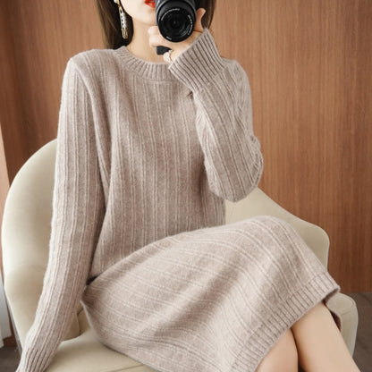 New 100%Pure Cashmere Knit Dress Women Wool Long Sweater Wild Over-Knee Bag Buttocks Large Size 2021Winter Long Skirt Thick Warm