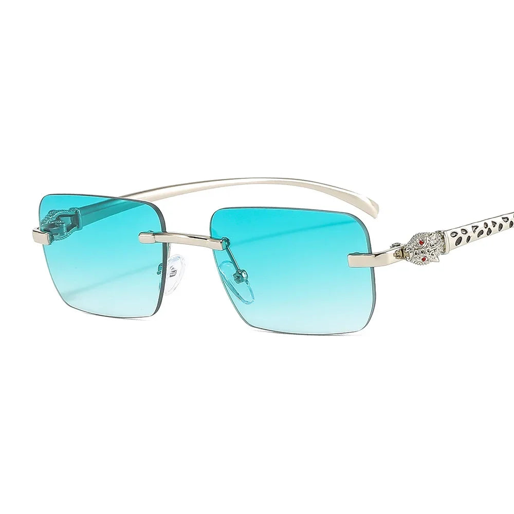 Vintage Fashion Rimless Small Square Sunglasses Women Men Luxury Brand Designer Travel Driving Metal Leopard Head Sun Glasses Luxlife Brands