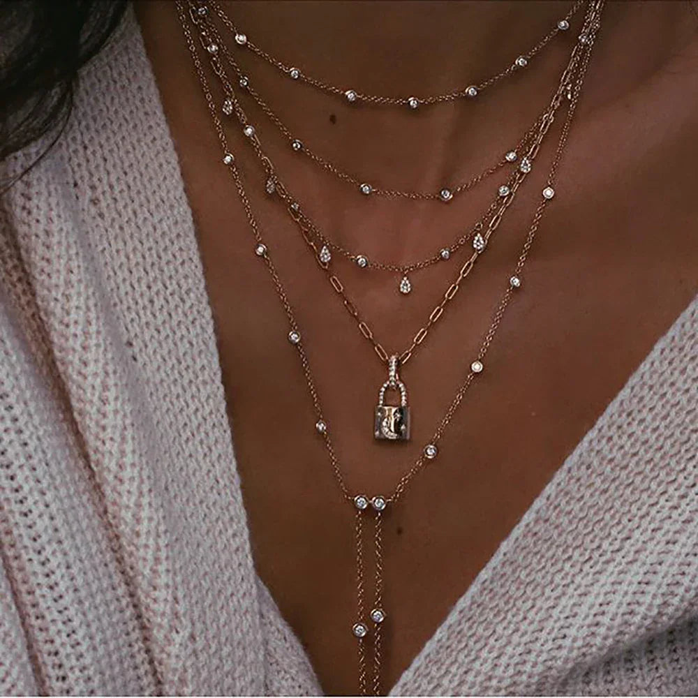 New Vintage Crystal Geometry Star Moon Lock Necklace For Women 2020 Boho Multi-level Pendants Necklaces Chokers Jewelry Gift LUXLIFE BRANDS