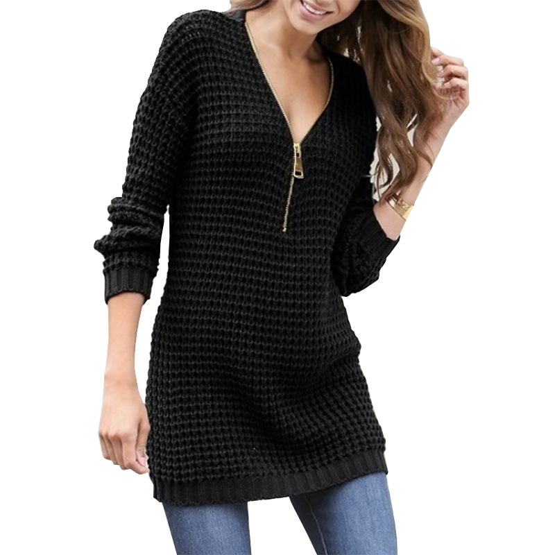 Women Long Sweater V Neck Zipper Dress Warm Autumn Winter Clothes Knitwear 3XL Pullover Jumper