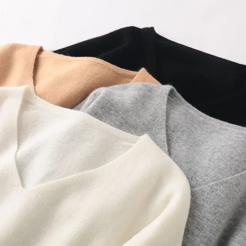 European and American trend V-neck high-grade cashmere sweater women's short-sleeved wild loose long knitted jumper wool dress - LUXLIFE BRANDS