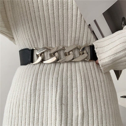 Punk Fashion Women Elastic Belts Designer Luxury Brand PU Thick Chain Waist Strap Dress Coat Sweater Lady Decorative Waistband