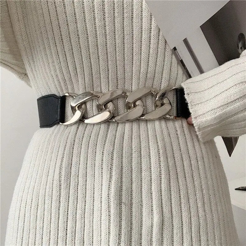Punk Fashion Women Elastic Belts Designer Luxury Brand PU Thick Chain Waist Strap Dress Coat Sweater Lady Decorative Waistband - LUXLIFE BRANDS