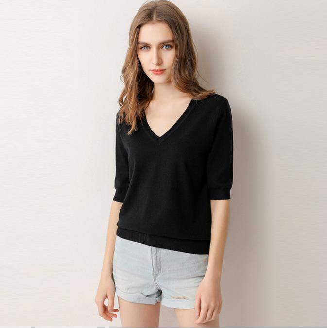 Spring/Summer 2023 Ladies Sweater Pullover Solid Color V-neck Half-sleeved Knitted Cashmere Sweater Thin Casual Top