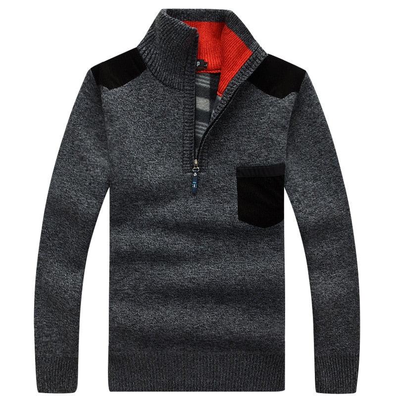 New Winter Mens Pullover Knitted Sweater Male Wool Fleece Thick Casual Pullover Patchwork Warm Pocket Sweater Standing Collar LUXLIFE BRANDS