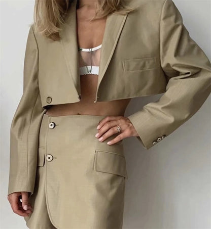 XEASY Women Blazer Clothing Two Piece Set Women Suits With Skirt Female Suit Tweed Long Sleeves Short Skirt Suits Blazer