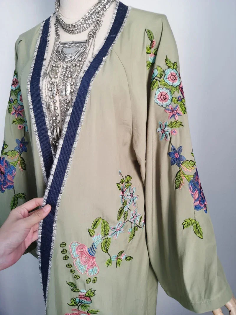 Long Boho Floral Embroidery Beach Kimono LUXLIFE BRANDS