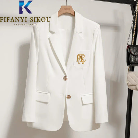 White Blazer Jacket Women High Quality Fashion Embroidery Single Breasted Suit Jacket Ladies Casual Office Formal Blazers Coat