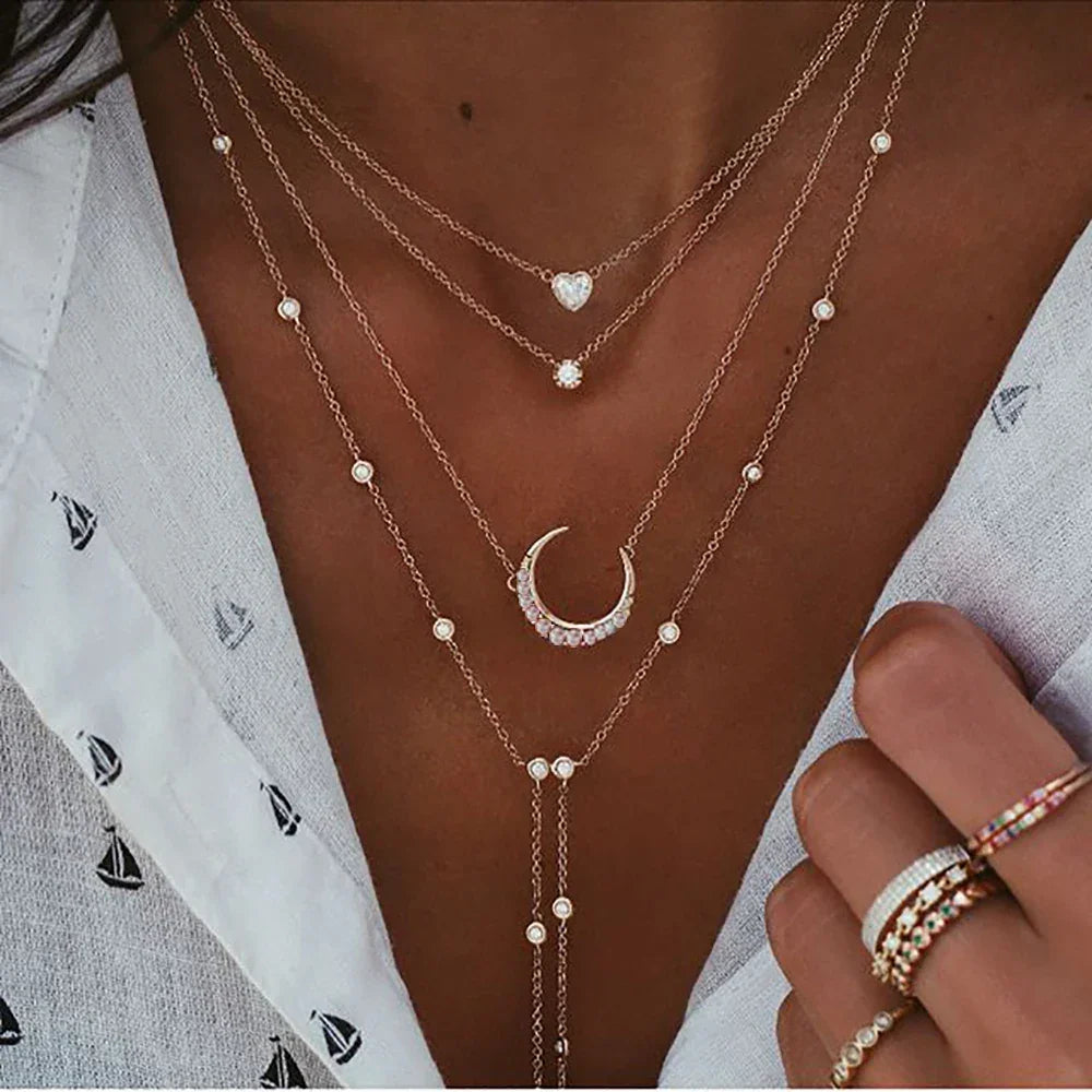 New Vintage Crystal Geometry Star Moon Lock Necklace For Women 2020 Boho Multi-level Pendants Necklaces Chokers Jewelry Gift LUXLIFE BRANDS