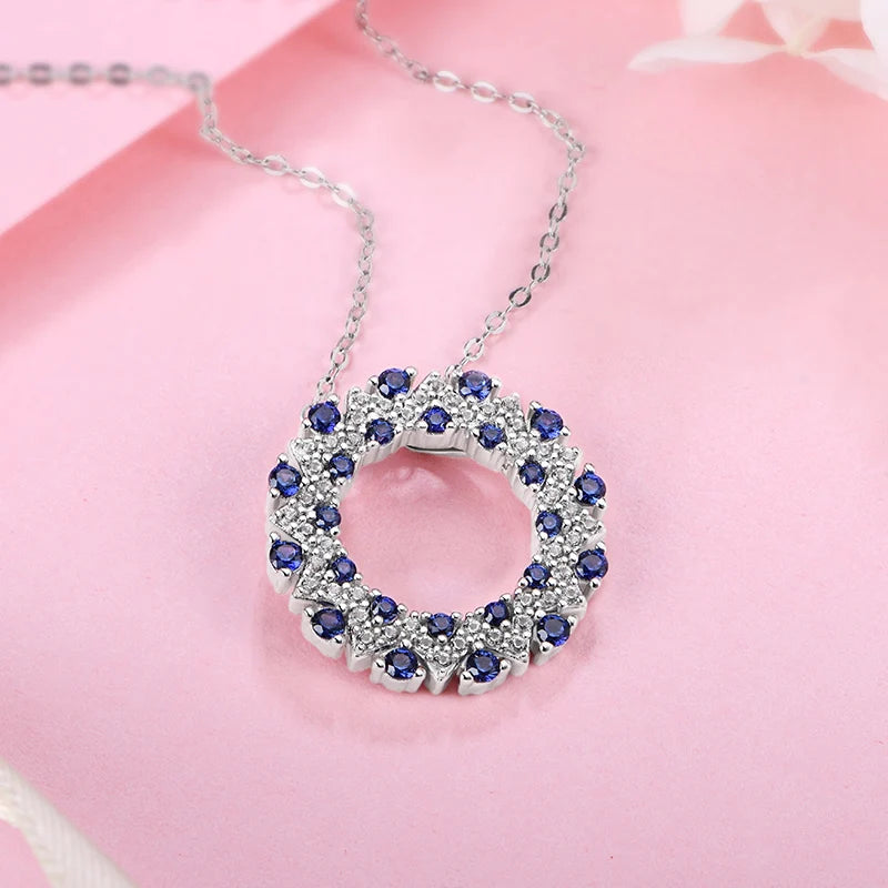 ATTAGEMS Created Blue Sapphire Solid 925 Sterling Silver Halo Pendant Necklace For Women Christmas Engagement Wedding Party Gift Luxlife Brands