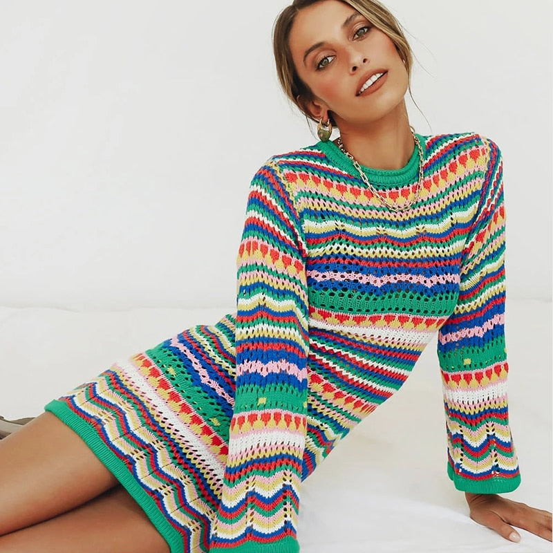 wsevypo Bohemian Color Block Striped Knit Crochet Sweaters Dress Autumn Women's Long Sleeve Crew Neck Mini Bodycon Dress