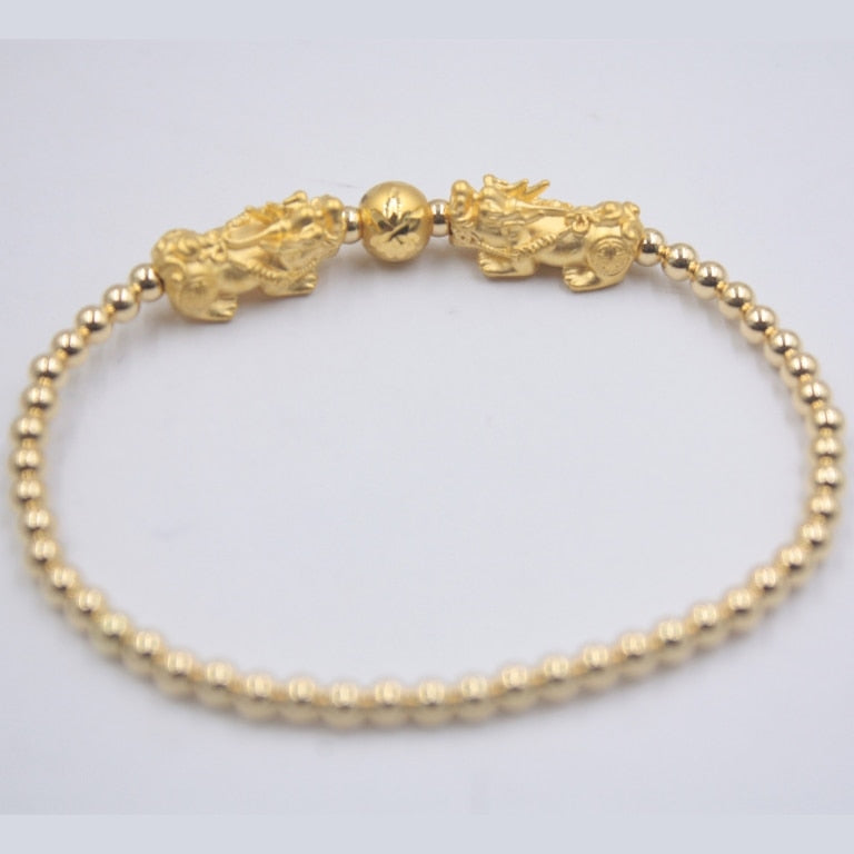 999 24K Yellow Gold Bracelet Real Gold Chain Lucky Pixiu and silver 3mm Beads For Women Girl Best Gift