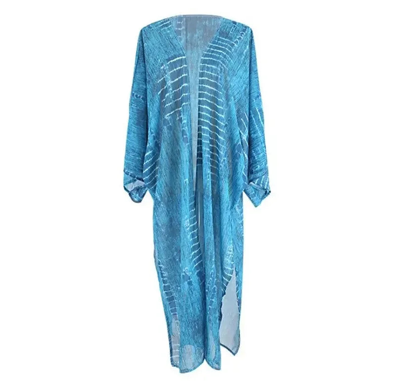 TEELYNN Blue Cotton Print Summer Bikini Cover Up Sexy Loose Boho Kimono Vestidos Women Long Sleeve Tunic Top Blouse