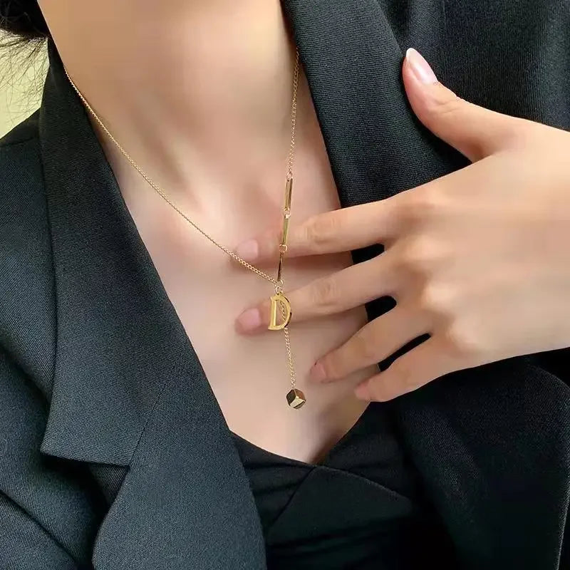 316L Stainless Steel Fashion Fine Jewelry Elegant Noble letter D Sexy Cube Tassel Charms Chain Choker Necklace Pendant For Women LUXLIFE BRANDS