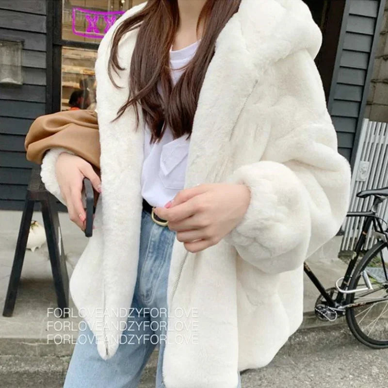 Women Korean Large Sizes Winter Casual Faux Rabbit Fur Coats Luxury Hooded Loose Thicken Warm Short Outerwear Female LUXLIFE BRANDS