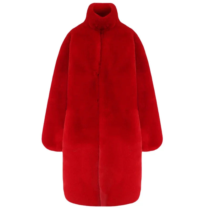 Nerazzurri Oversized Red Thick Warm Soft Fluffy Faux Fur Coat Women 2022 Raglan Seeve Stylish Thick Long Fur Coats for Winter LUXLIFE BRANDS