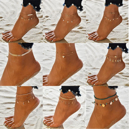 Boho Double Layer Anklets For Women Pearl Streaming Pendant Foot Chains 8 Shape Beach Bracelet Anklets Solar System Bracelet