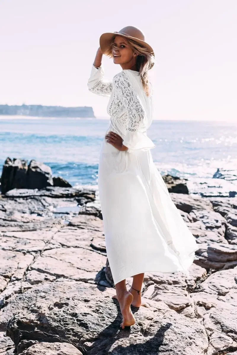 TEELYNN long sleeve beach cover dresses vintage lace white summer dress sexy deep v neck long women dress boho Bohemia vestidos