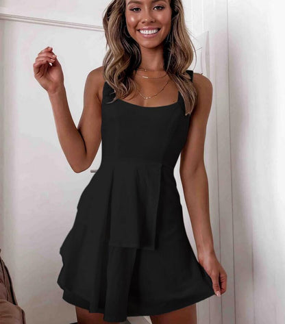 Women Elegant Solid Backless Lace Up Patchwork Mini Dress Sexy Sleeveless Tank Dress Casual White Black Beach Party A Line Dress