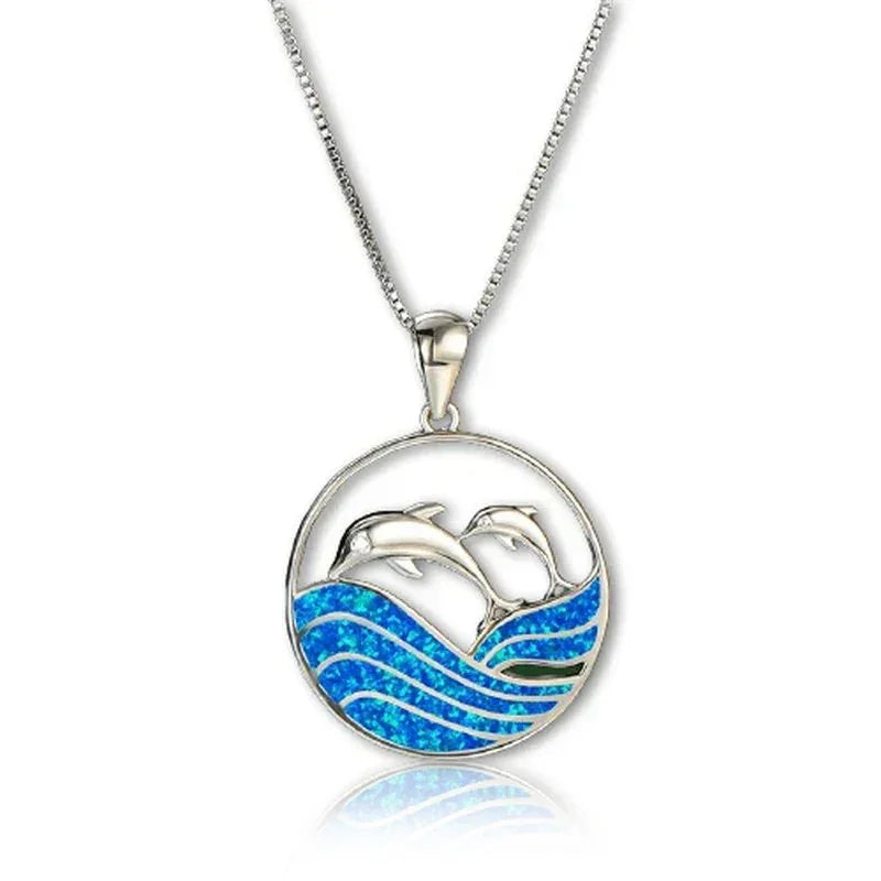 Boho Fashion Sea Animal Dolphin Pendant Necklace for Women Girl Inlay Imitation Blue Opal Necklace Wedding Party Jewelry