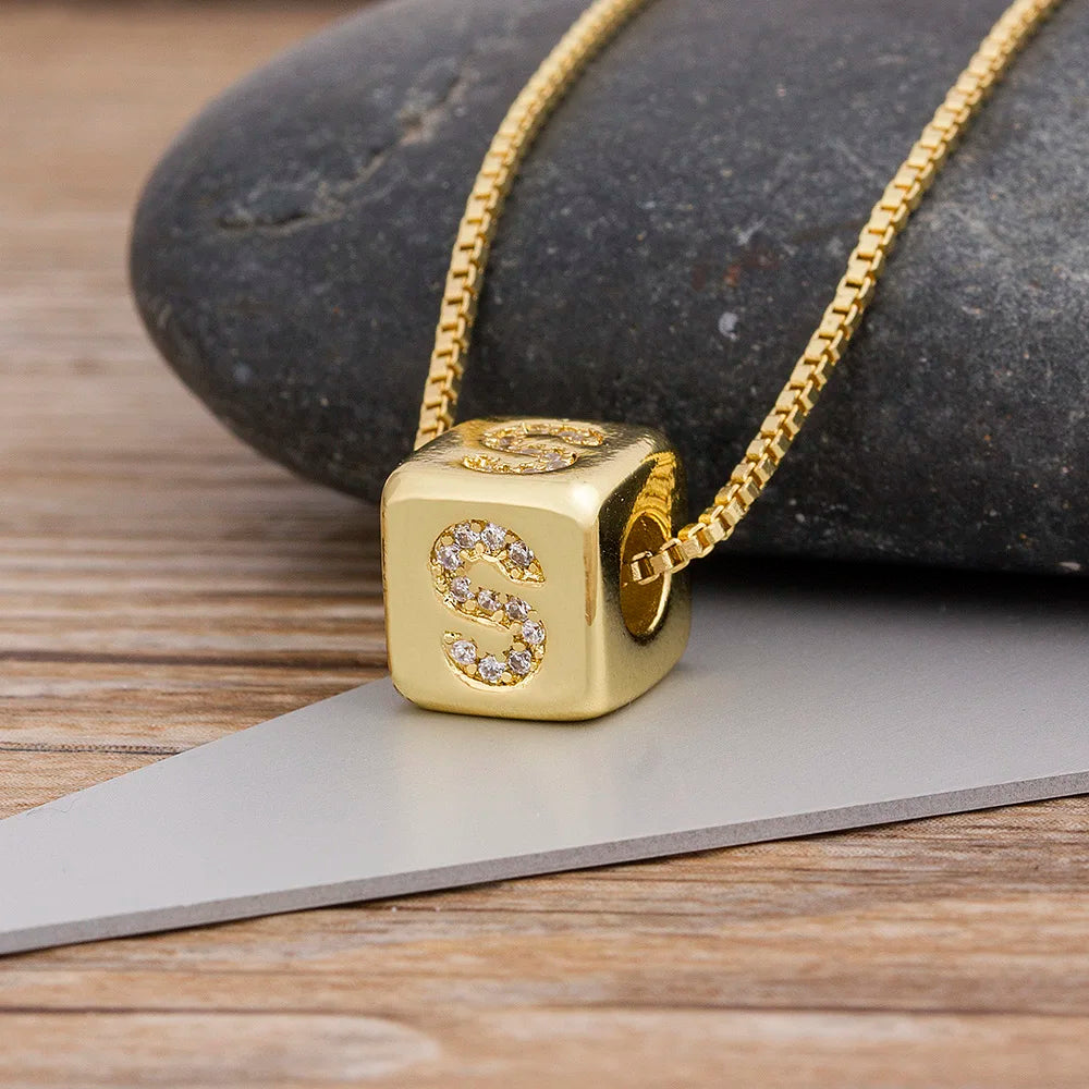 Nidin New Design DIY Alphabet Cube Pendant Necklace Long Chain Letter Necklace For Women Men Initial Family Name Jewelry Gift LUXLIFE BRANDS