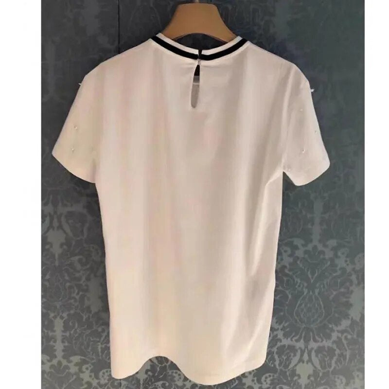 Luxury Design 2023 Summer Women T-shirt Full Diamond Handmade Beaded Neckline White Bowknot Short-sleeved Tops Brand Clothes LUXLIFE BRANDS