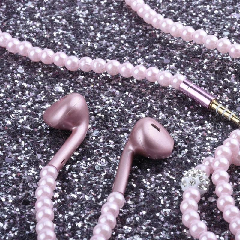 VAORLO 3.5mm Pearl Necklace Earphone Pink Rhinestone Jewelry In-Ear Headphone With Mic For Samsung Xiaomi Girl Birthday Gift