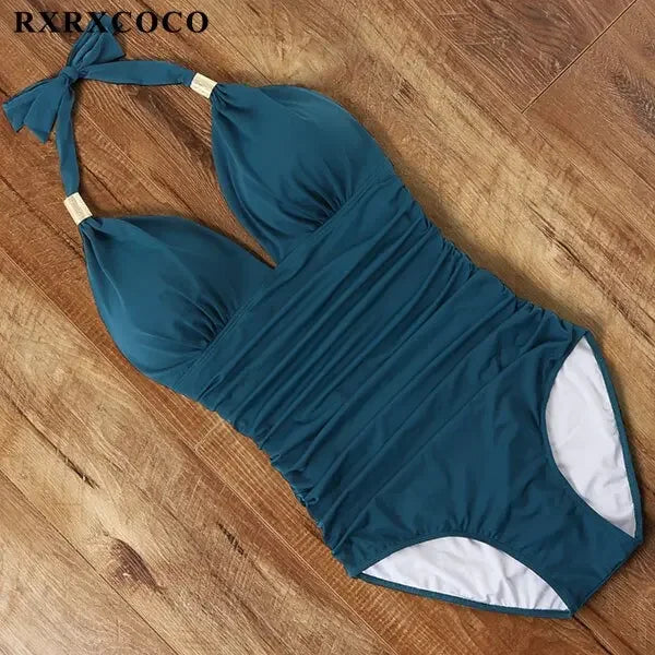 RXRXCOCO Women's Swimsuit One Piece Push Up Swimwear Women Neck Hanging Backless Sexy Bathing Suit Black Blue Beachwear Swimsuit
