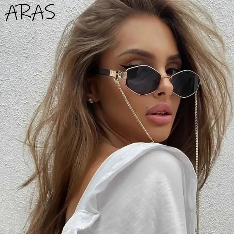 Trendy Retro Hexagon With Chain Sunglasses Women 2023 Brand Designer Unique Polygonal Sun Glasses For Female Small Frame Eyewear LUXLIFE BRANDS