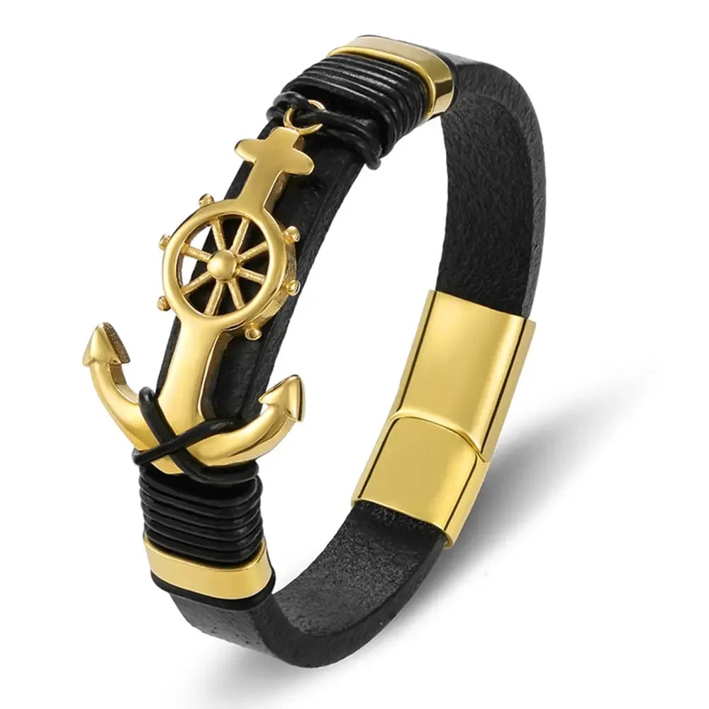 TYO Trendy Charm Woven Stainless Steel Magnet Rope Leather Anchor Bracelets Men Black Bangle Luxury Rock Hip Hop Jewelry
