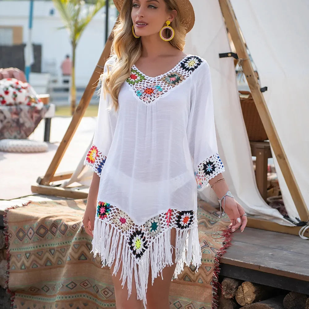 CROCHET BIKINI White Bikini Cover Up With Fringe Trim Women Sexy Hollow Tunic Beach Dress Summer Bathing Suit Beachwear LUXLIFE BRANDS