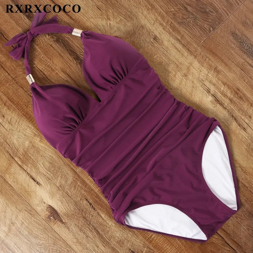 RXRXCOCO Women's Swimsuit One Piece Push Up Swimwear Women Neck Hanging Backless Sexy Bathing Suit Black Blue Beachwear Swimsuit